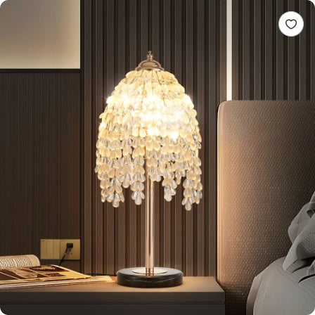 19 Inch Height Elegant Crystal Table Lamp Vintage Waterfall Design With Teardrop Grape Crystal Bead String Shades And Marble Textured Base For Living Room, Bedroom, Or Office Bulb Not Included