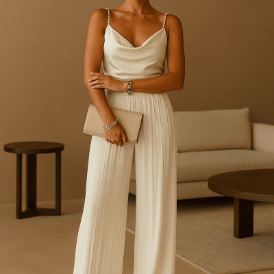 Wide Leg Sleeveless V-neck Halter Trousers Jumpsuit