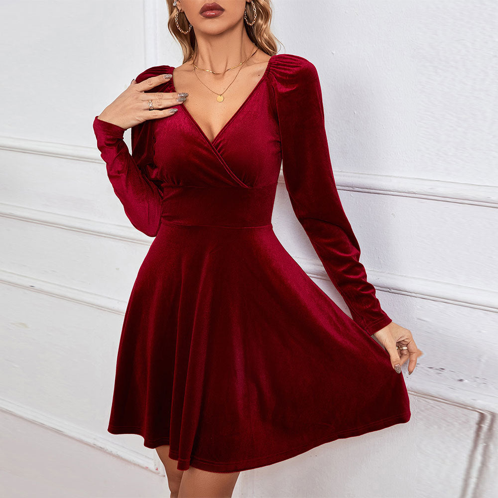 V-neck Waist-cinching A-line Dress Sexy Velvet