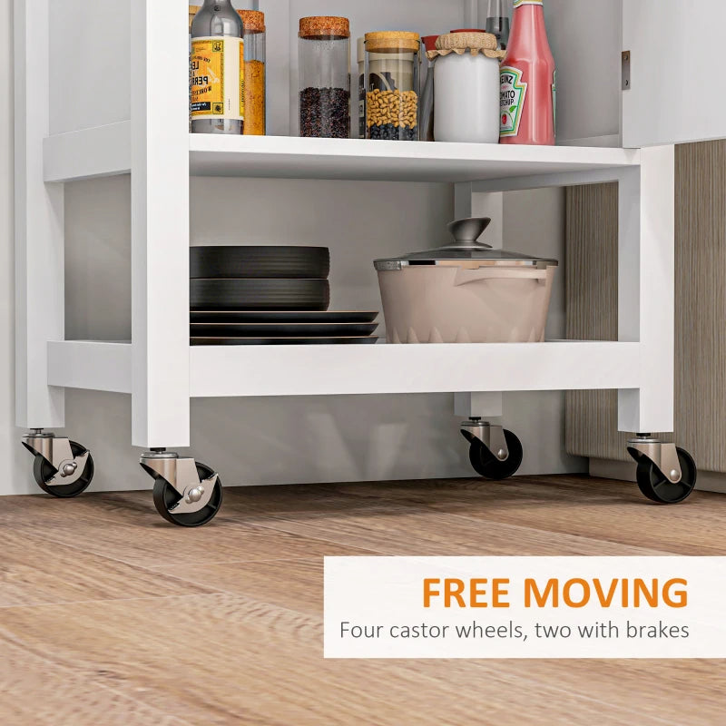 Kitchen Island On Wheels, Rolling Kitchen Cart With Rubberwood Top, Drawer, Wine Rack And Cabinet, White