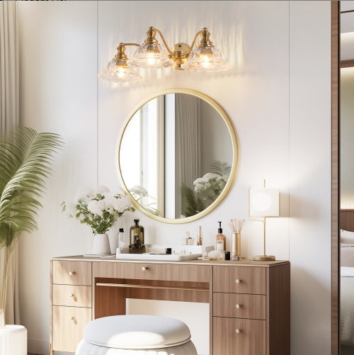 24 Inch 3-Light Vintage Bathroom Wall Sconce - Elegant Golden Metal And Glass Lampshade Vanity Light Fixture For Bathroom, Hallway, Or Bedroom Bulb Not Included