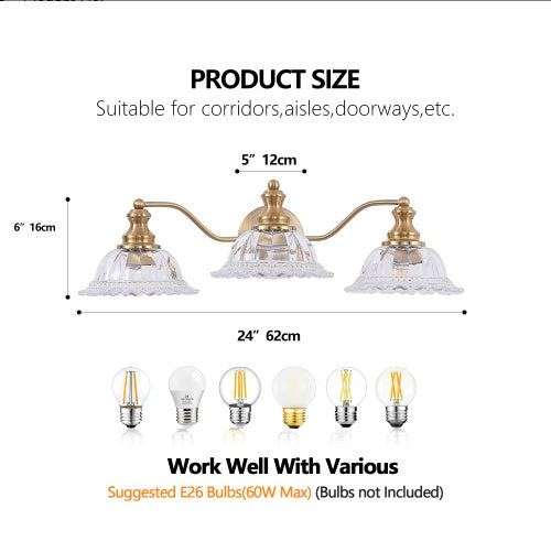 24 Inch 3-Light Vintage Bathroom Wall Sconce - Elegant Golden Metal And Glass Lampshade Vanity Light Fixture For Bathroom, Hallway, Or Bedroom Bulb Not Included