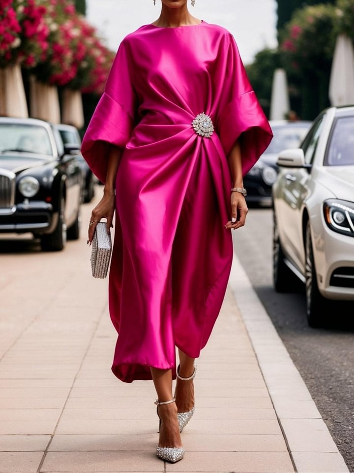 Elegant Commuter Design Sense Satin Long Dress For Women With Pearl Flower Decoration High Waist Irregular Skirt