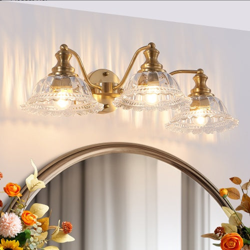 24 Inch 3-Light Vintage Bathroom Wall Sconce - Elegant Golden Metal And Glass Lampshade Vanity Light Fixture For Bathroom, Hallway, Or Bedroom Bulb Not Included