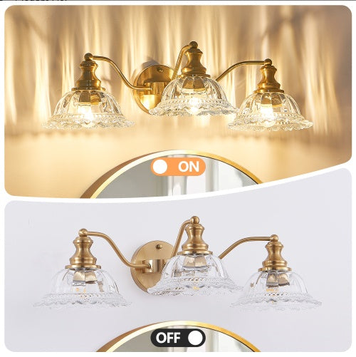 24 Inch 3-Light Vintage Bathroom Wall Sconce - Elegant Golden Metal And Glass Lampshade Vanity Light Fixture For Bathroom, Hallway, Or Bedroom Bulb Not Included