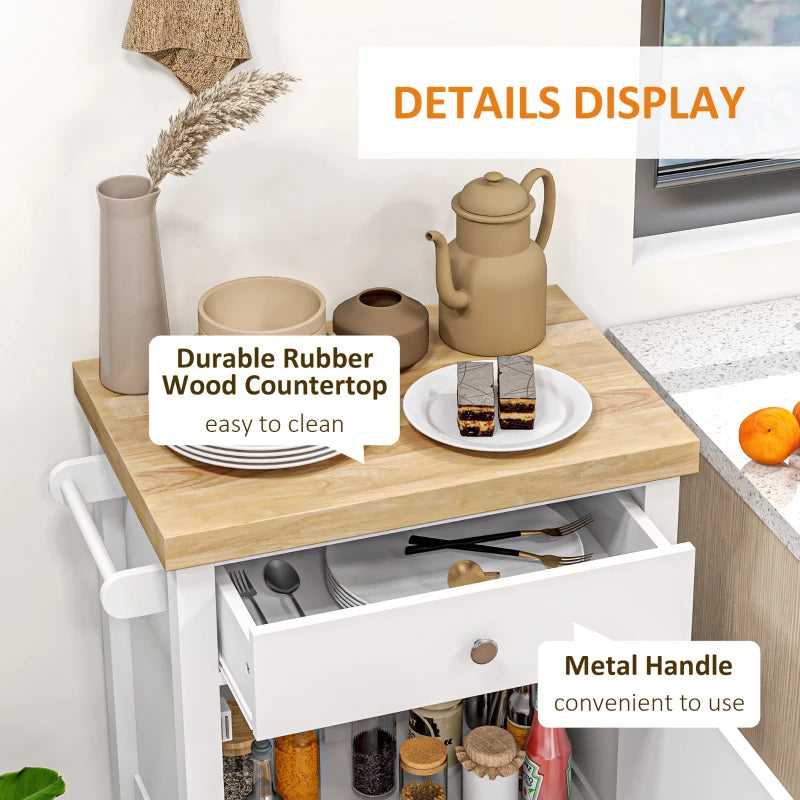 Kitchen Island On Wheels, Rolling Kitchen Cart With Rubberwood Top, Drawer, Wine Rack And Cabinet, White