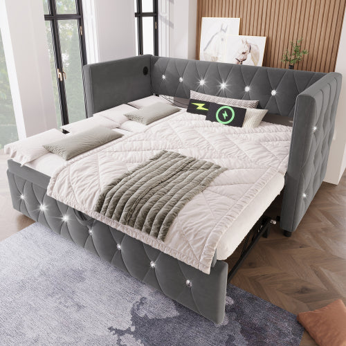 Daybed Single Upholstered Bed Sofa Bed With USB &Type C Charging Station, 3FT Single Bed 90 X 190 Cm With Trundle ,Pull Out Trundle For Living Room And Bedroom, Velvet