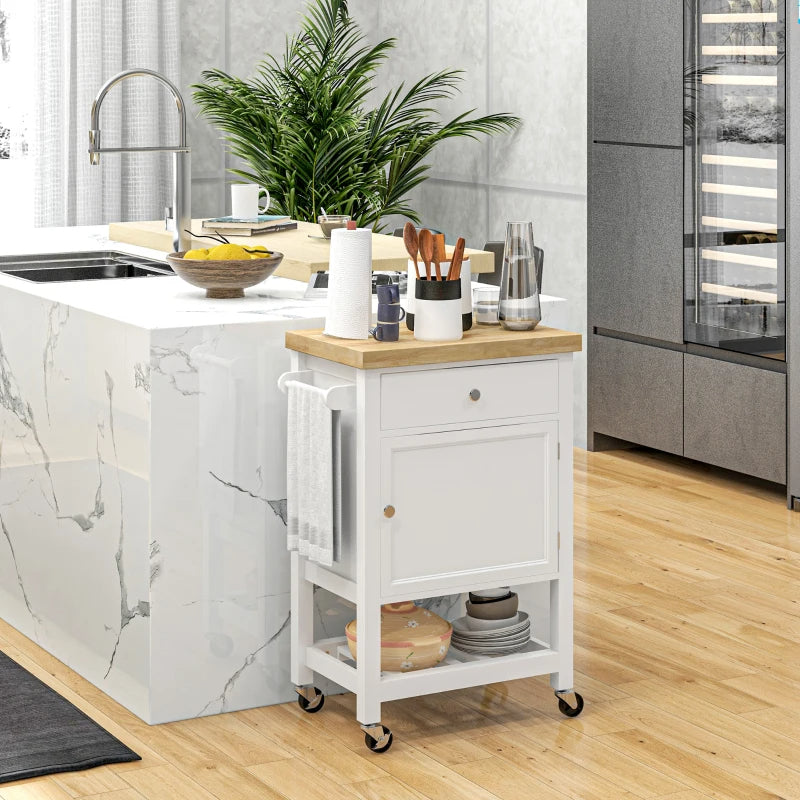 Kitchen Island On Wheels, Rolling Kitchen Cart With Rubberwood Top, Drawer, Wine Rack And Cabinet, White