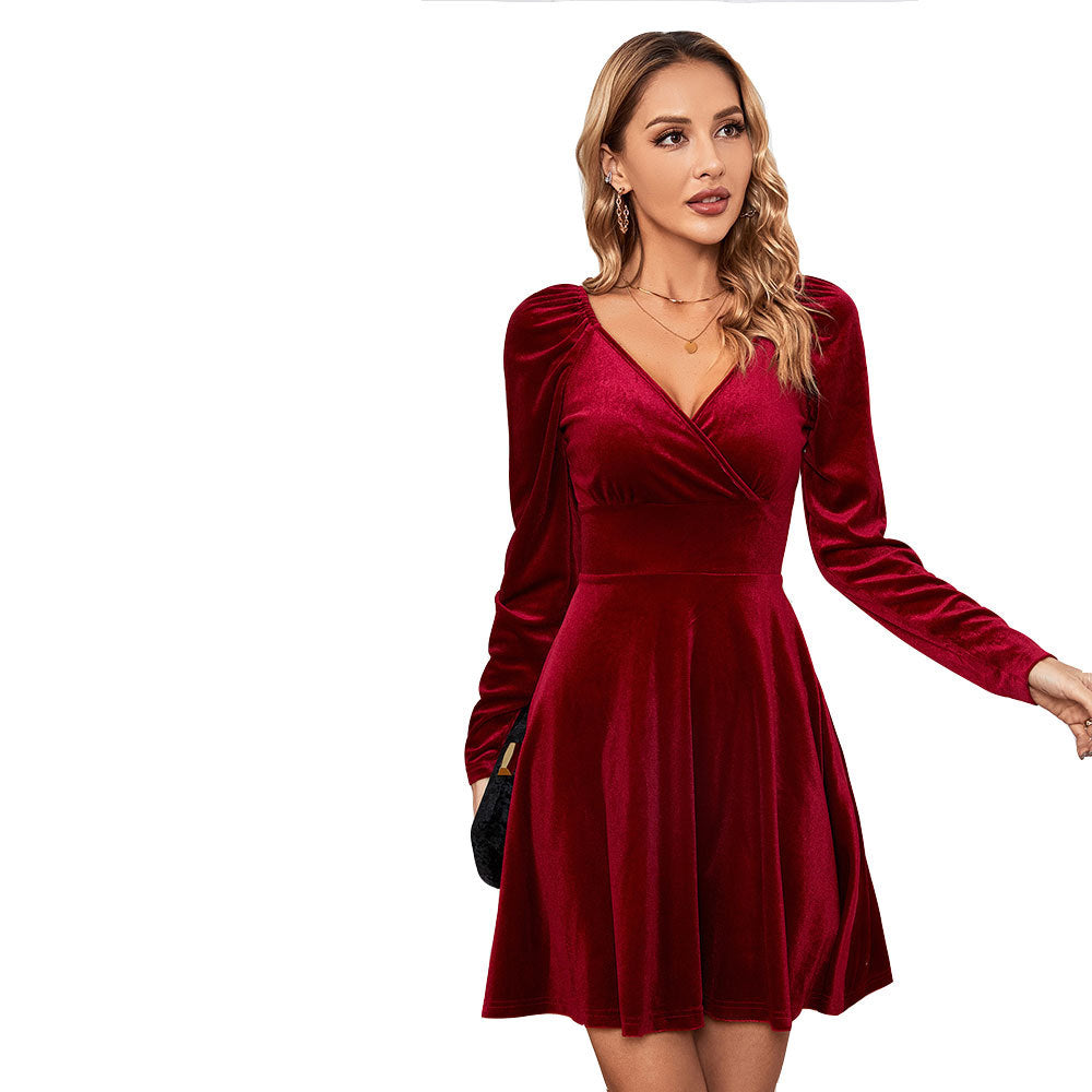 V-neck Waist-cinching A-line Dress Sexy Velvet