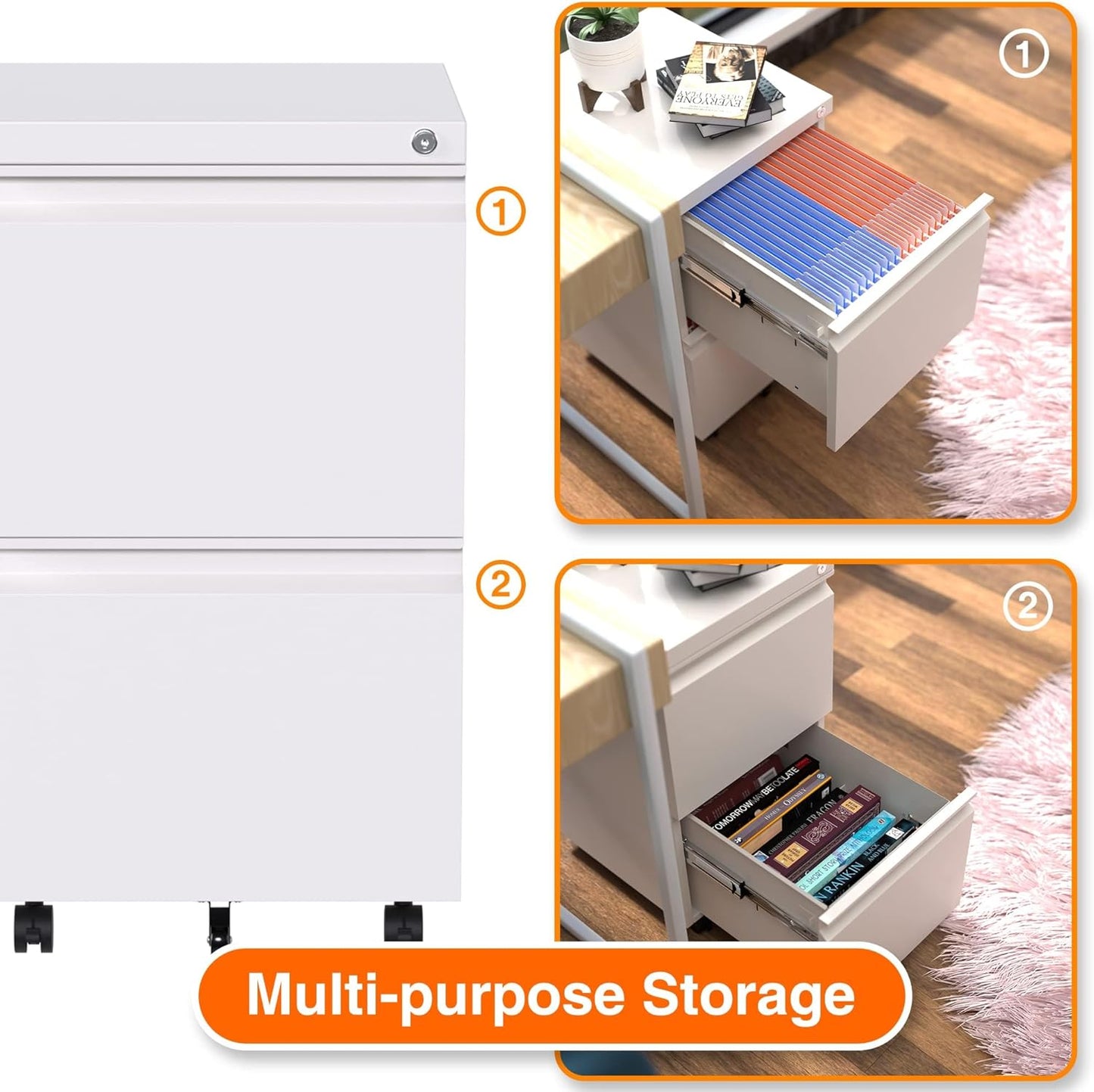 Aobabo Metal 2 Drawer Office File Cabinet With Lock, Under Desk Office Steel Mobile Cabinet On Wheels, 25.6''H Legal Letter A4 Size,White, Fully Assembled