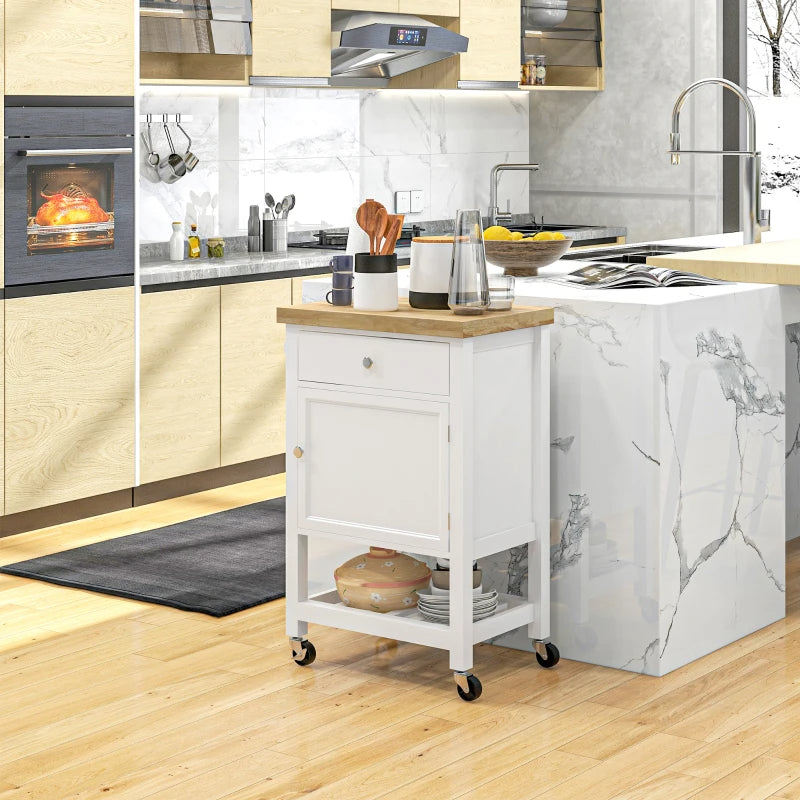 Kitchen Island On Wheels, Rolling Kitchen Cart With Rubberwood Top, Drawer, Wine Rack And Cabinet, White