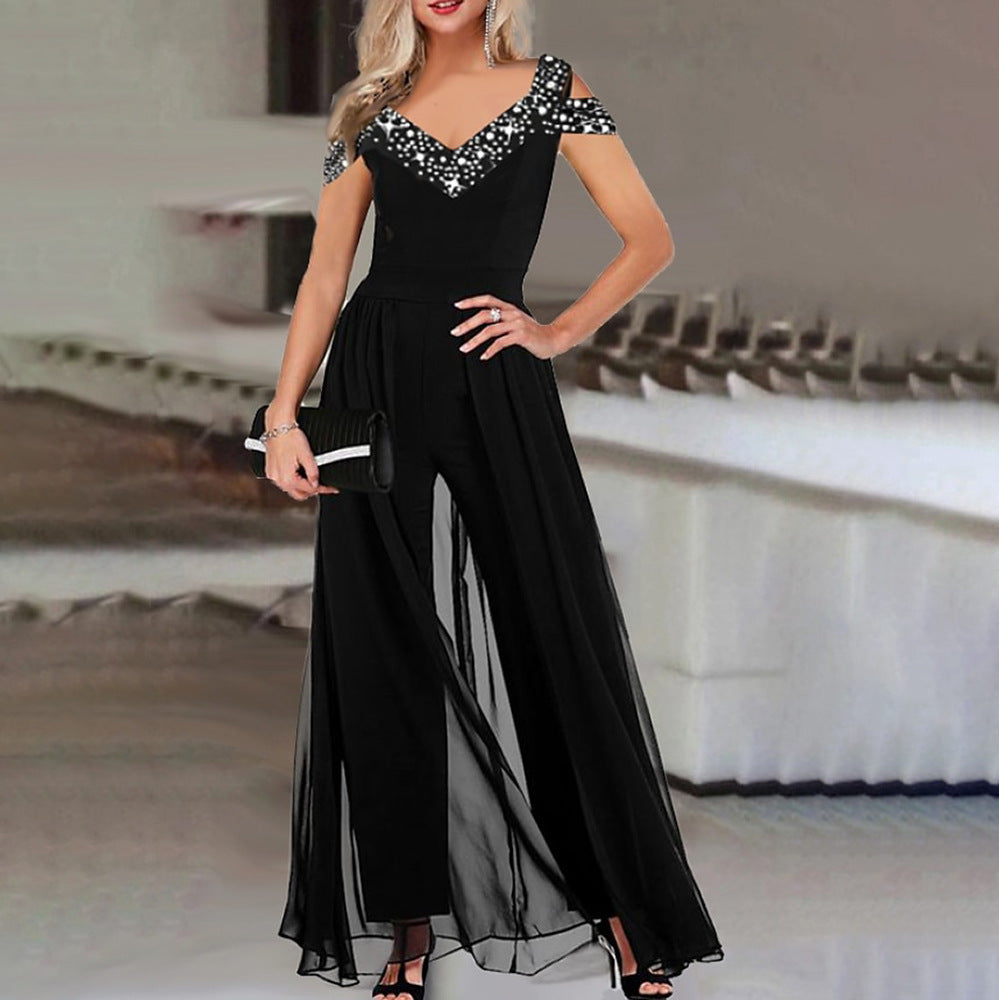 Wide Leg Sleeveless V-neck Halter Trousers Jumpsuit