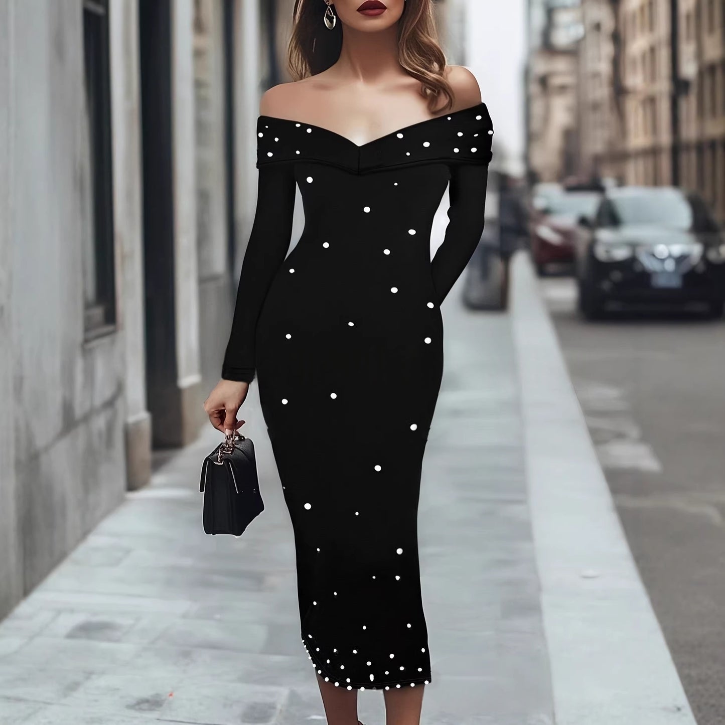 Womens Fashion Solid-Color Long-Sleeve Beaded Sheath Off-Shoulder Dress