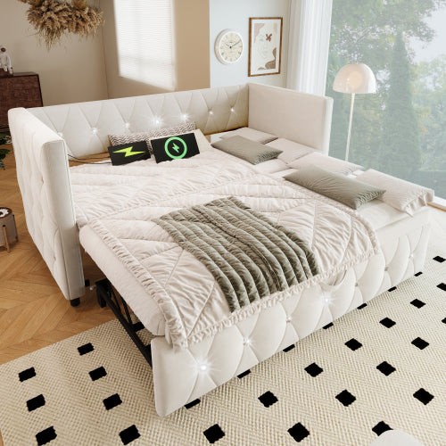 Daybed Single Upholstered Bed Sofa Bed With USB &Type C Charging Station, 3FT Single Bed 90 X 190 Cm With Trundle ,Pull Out Trundle For Living Room And Bedroom, Velvet