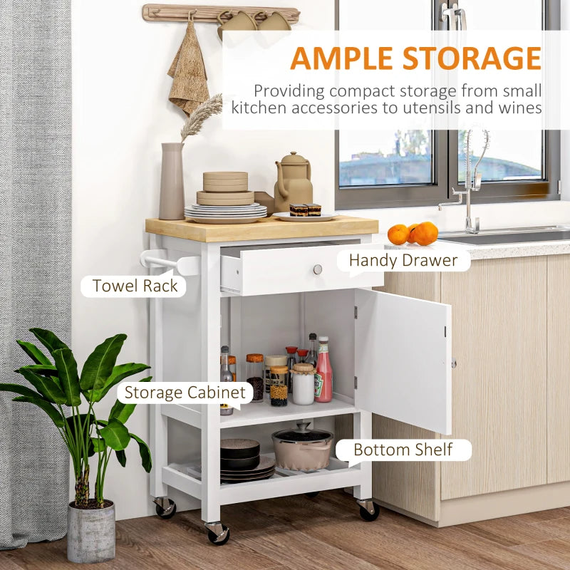 Kitchen Island On Wheels, Rolling Kitchen Cart With Rubberwood Top, Drawer, Wine Rack And Cabinet, White