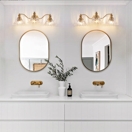 24 Inch 3-Light Vintage Bathroom Wall Sconce - Elegant Golden Metal And Glass Lampshade Vanity Light Fixture For Bathroom, Hallway, Or Bedroom Bulb Not Included