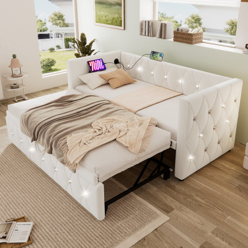 Daybed Single Upholstered Bed Sofa Bed With USB &Type C Charging Station, 3FT Single Bed 90 X 190 Cm With Trundle ,Pull Out Trundle For Living Room And Bedroom, Velvet