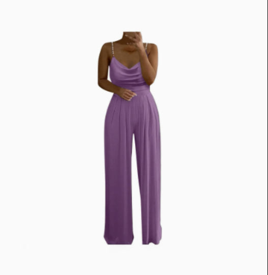 Wide Leg Sleeveless V-neck Halter Trousers Jumpsuit