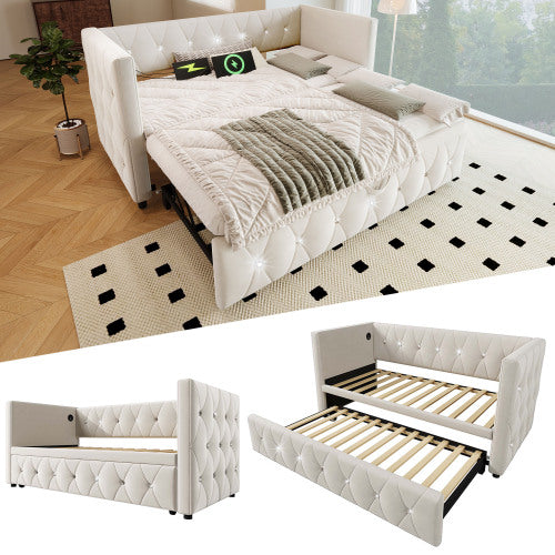 Daybed Single Upholstered Bed Sofa Bed With USB &Type C Charging Station, 3FT Single Bed 90 X 190 Cm With Trundle ,Pull Out Trundle For Living Room And Bedroom, Velvet