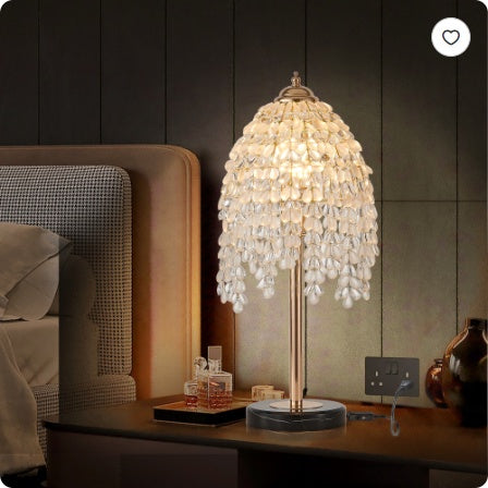19 Inch Height Elegant Crystal Table Lamp Vintage Waterfall Design With Teardrop Grape Crystal Bead String Shades And Marble Textured Base For Living Room, Bedroom, Or Office Bulb Not Included