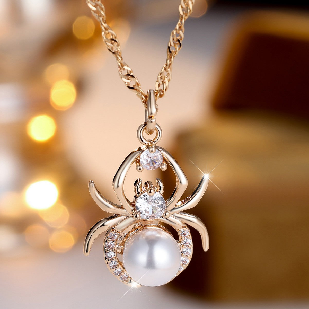 Champagne Gold Round White Diamond Pearl Spider Necklace