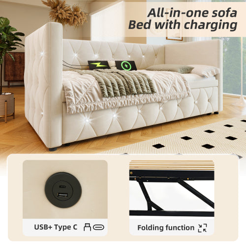 Daybed Single Upholstered Bed Sofa Bed With USB &Type C Charging Station, 3FT Single Bed 90 X 190 Cm With Trundle ,Pull Out Trundle For Living Room And Bedroom, Velvet
