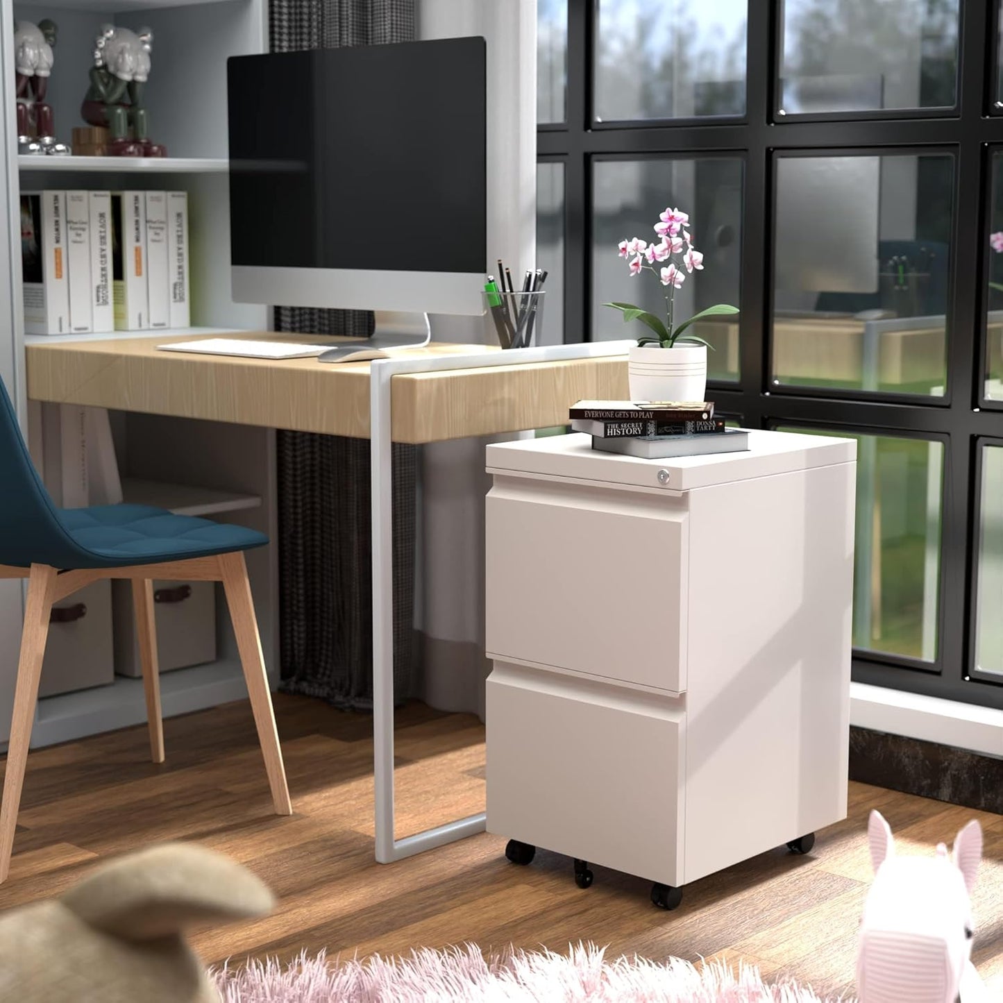 Aobabo Metal 2 Drawer Office File Cabinet With Lock, Under Desk Office Steel Mobile Cabinet On Wheels, 25.6''H Legal Letter A4 Size,White, Fully Assembled