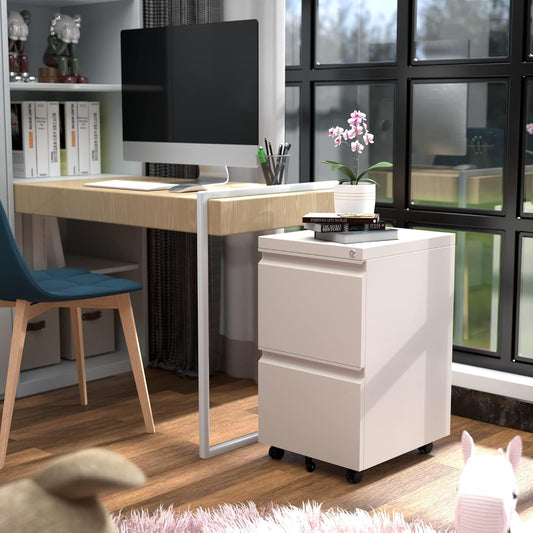 Aobabo Metal 2 Drawer Office File Cabinet With Lock, Under Desk Office Steel Mobile Cabinet On Wheels, 25.6''H Legal Letter A4 Size,White, Fully Assembled
