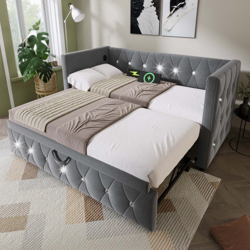 Daybed Single Upholstered Bed Sofa Bed With USB &Type C Charging Station, 3FT Single Bed 90 X 190 Cm With Trundle ,Pull Out Trundle For Living Room And Bedroom, Velvet