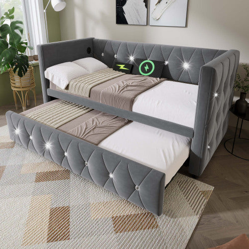Daybed Single Upholstered Bed Sofa Bed With USB &Type C Charging Station, 3FT Single Bed 90 X 190 Cm With Trundle ,Pull Out Trundle For Living Room And Bedroom, Velvet