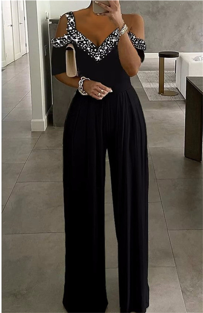 Wide Leg Sleeveless V-neck Halter Trousers Jumpsuit
