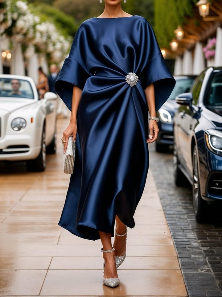 Elegant Commuter Design Sense Satin Long Dress For Women With Pearl Flower Decoration High Waist Irregular Skirt