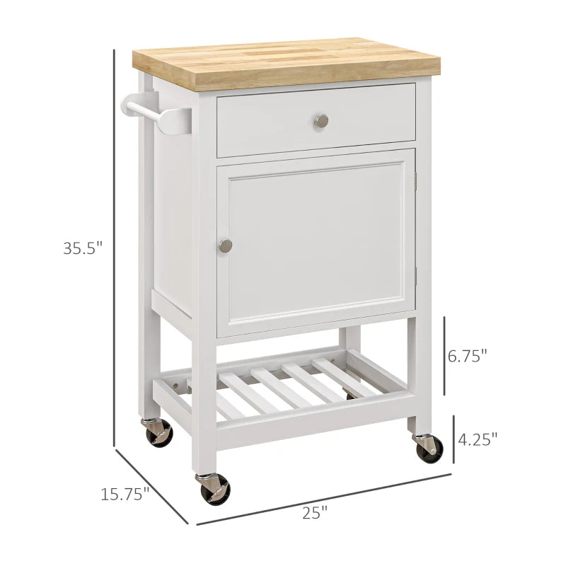 Kitchen Island On Wheels, Rolling Kitchen Cart With Rubberwood Top, Drawer, Wine Rack And Cabinet, White