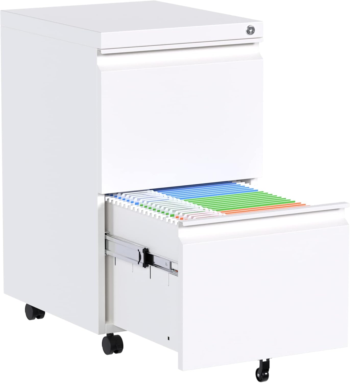 Aobabo Metal 2 Drawer Office File Cabinet With Lock, Under Desk Office Steel Mobile Cabinet On Wheels, 25.6''H Legal Letter A4 Size,White, Fully Assembled