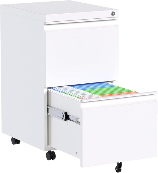 Aobabo Metal 2 Drawer Office File Cabinet With Lock, Under Desk Office Steel Mobile Cabinet On Wheels, 25.6''H Legal Letter A4 Size,White, Fully Assembled